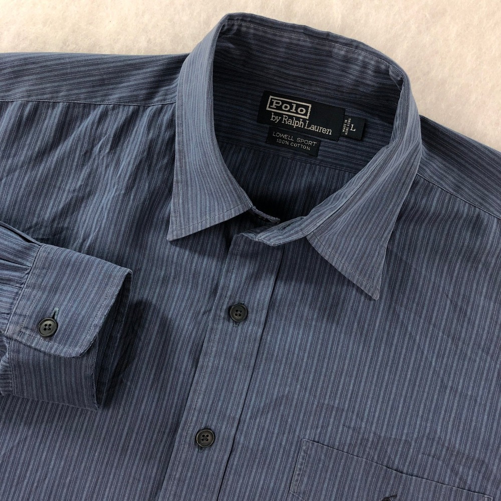 Ralph Lauren Mens L Blue Striped Lowell Sport Long Sleeve Button Down Shirt Prep